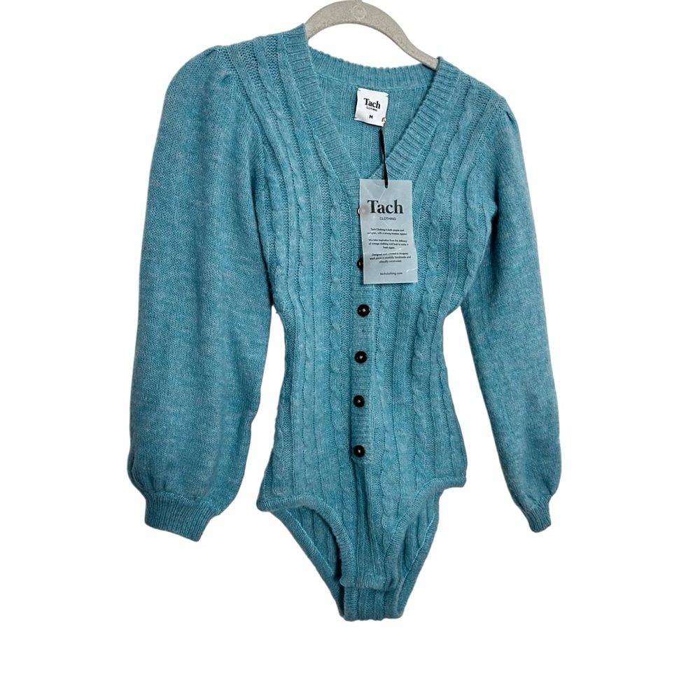 Tach Clothing Blue Cable Knit Button Front Bodysuit Cardigan Size M NWT